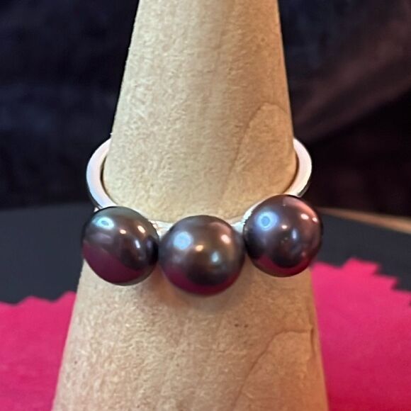 NWT Chocolate Bronze Pearls 3 Stone Ring in Sterling Silver 10 - Picture 1 of 16
